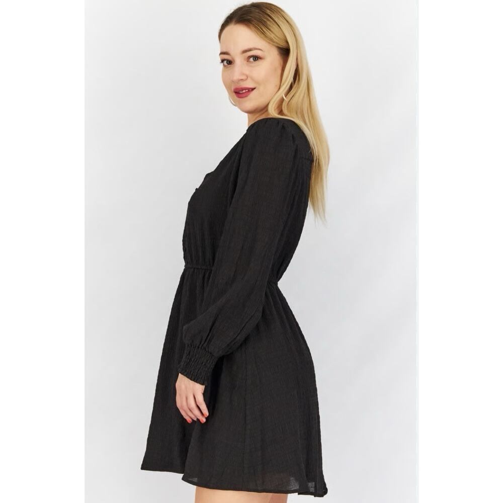 BB Dakota Steve Madden Black V-Neck Long Sleeve Button Mini Dress M - Picture 2 of 7